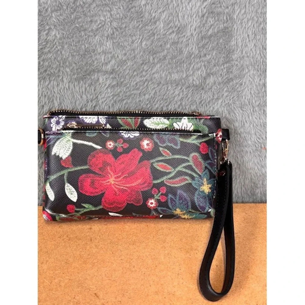 Mellow World Floral Wristlet Clutch Black Red Green Vegan Leather Zip Bag